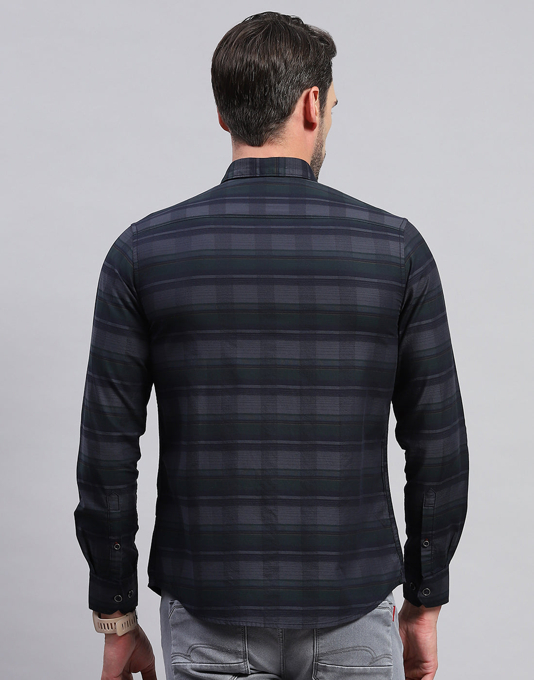 Men Grey Check Collar Neck Full Sleeve Shirt