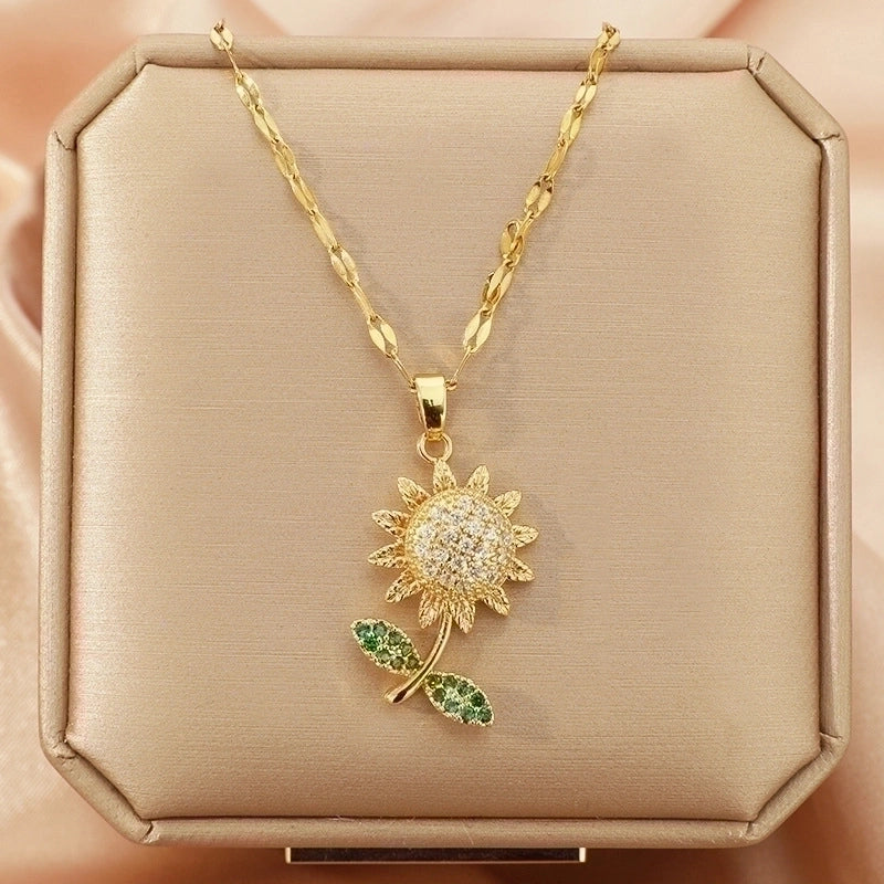3 Pieces Lady Heart Shape Flower Titanium Steel Plating Inlay Zircon Gold Plated Pendant Necklace