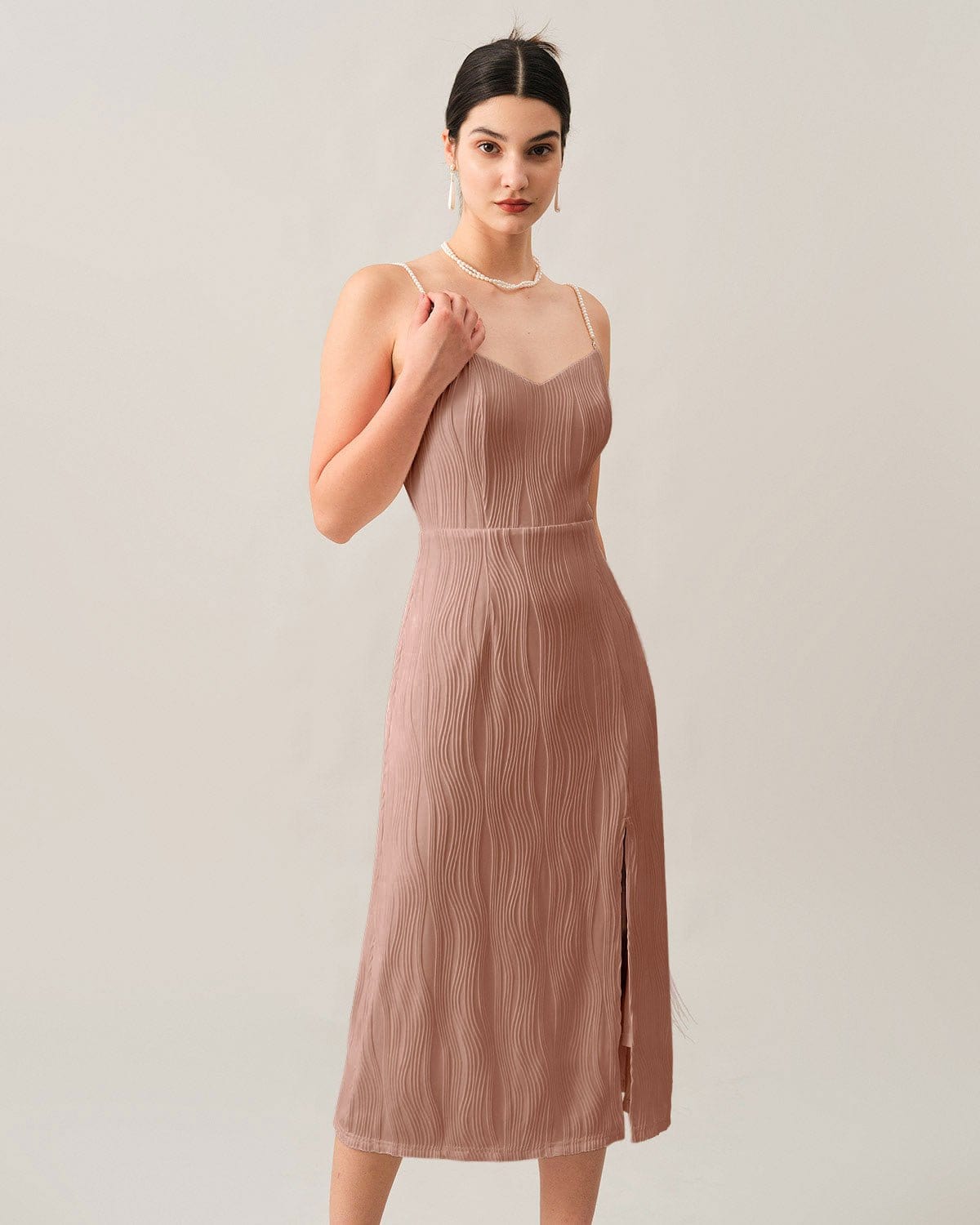 The Pink Wave Textured Pearl Strap Midi Dress