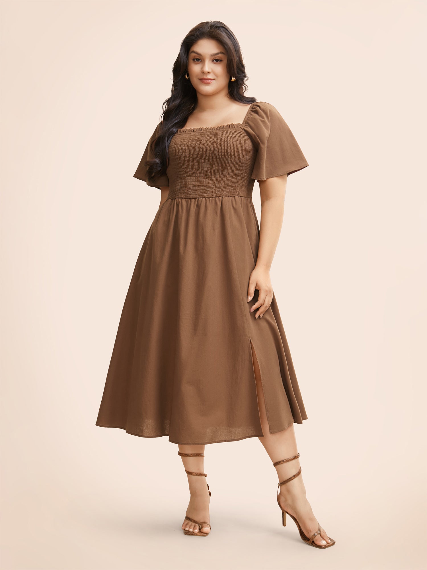 Cotton Square Neck Shirred Ruffle Sleeve Split Hem Dress