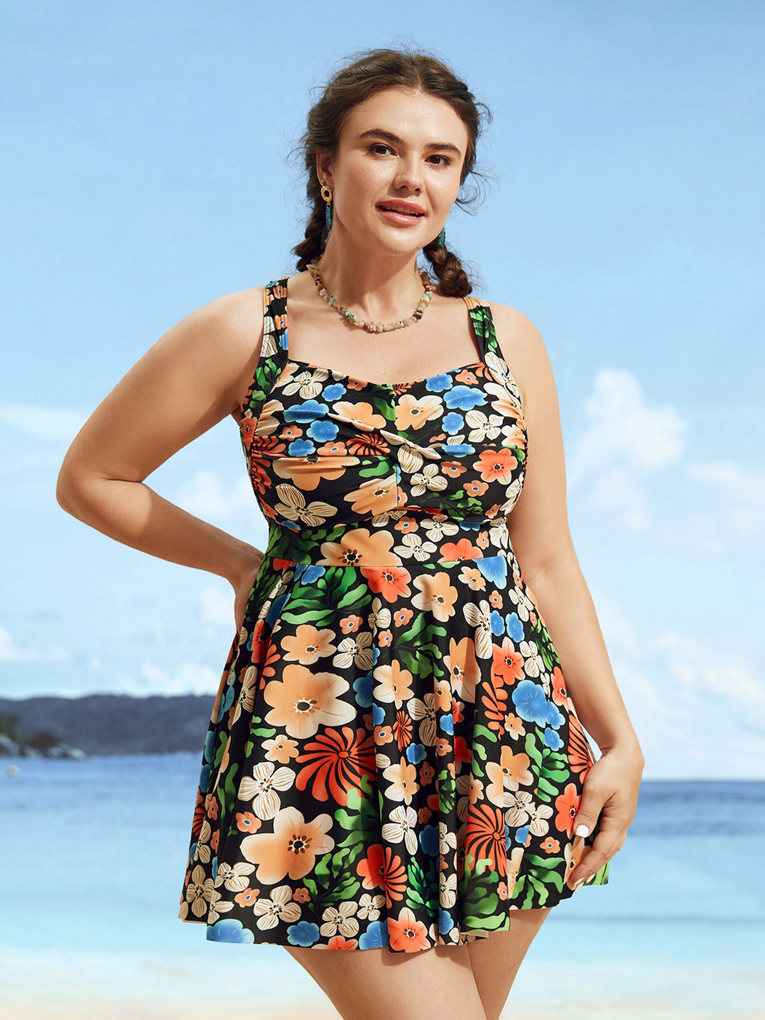 Floral Heart Neckline Twist Front Swim Dress
