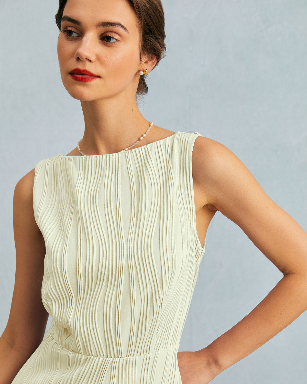 The Beige Water Ripple Textured Sleeveless Mini Dress