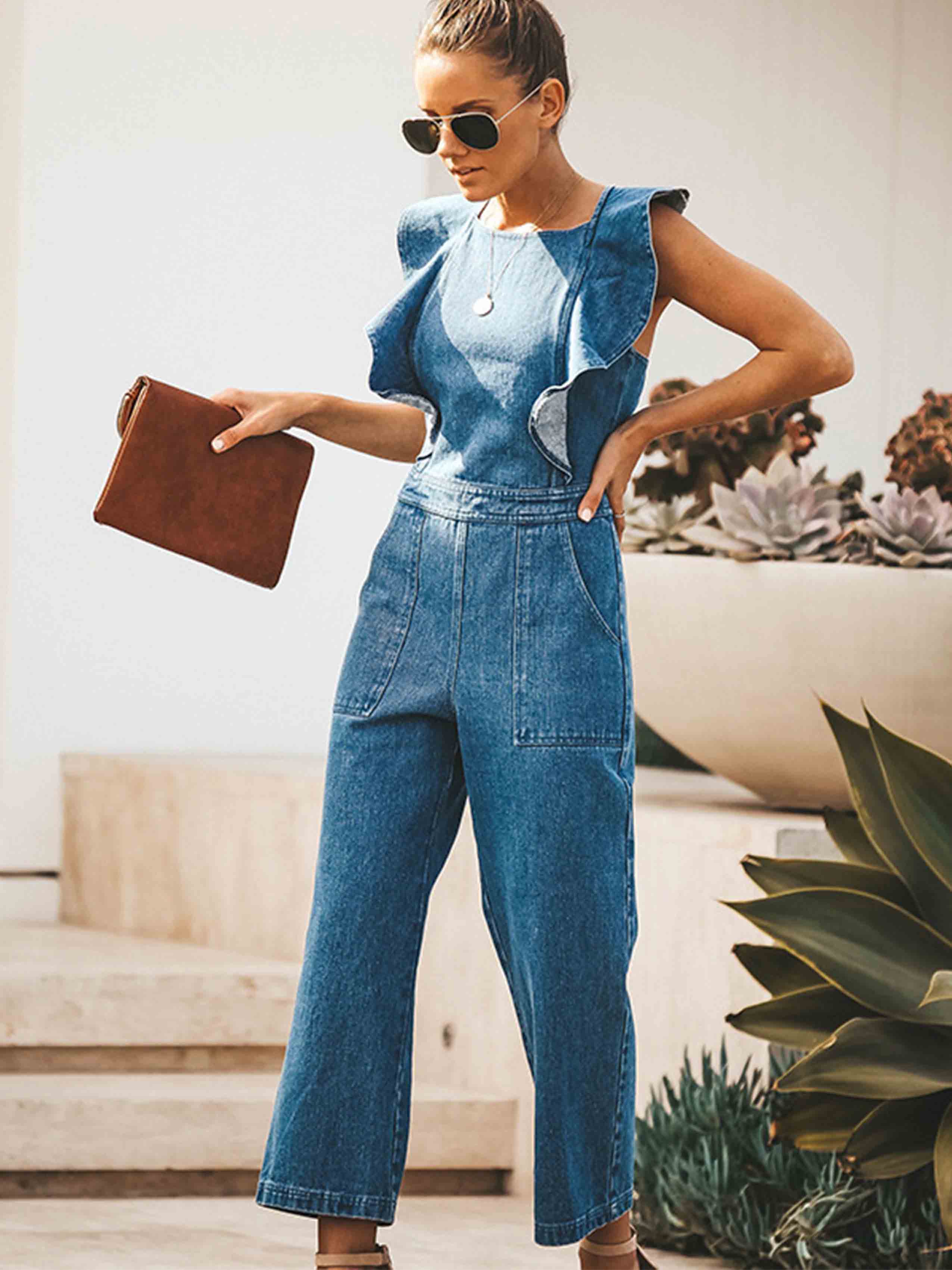 O Neck Flouncing Denim Jumpsuit