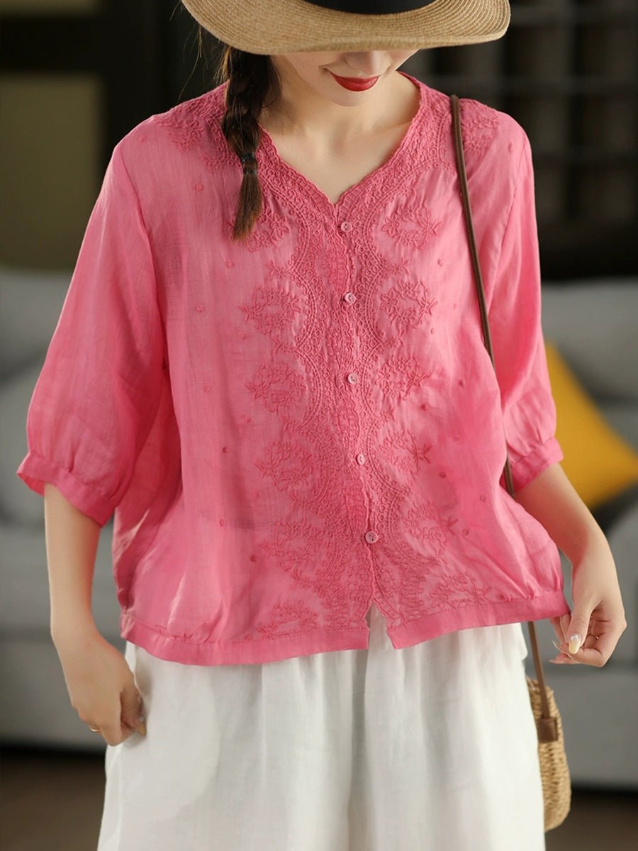 Women Summer Vintage Embroidery V-neck 100%Raime Shirt