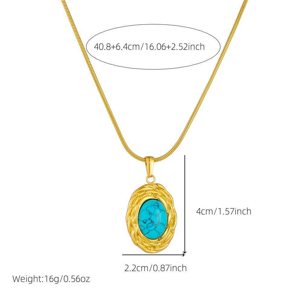 Vintage Oval Blue Turquoise Geometric Pendant Snake Bone Chain Stainless Steel Gold-Plated Necklace