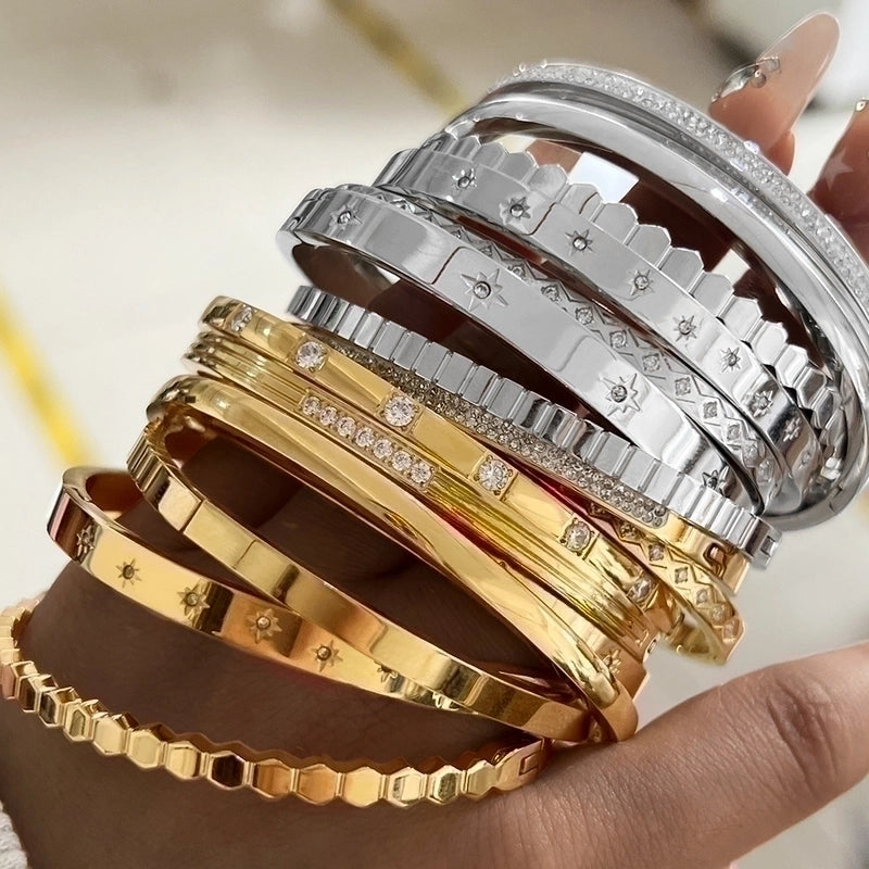 Minimalist Classic Style Geometric Stainless Steel Plating Inlay Zircon Bangle