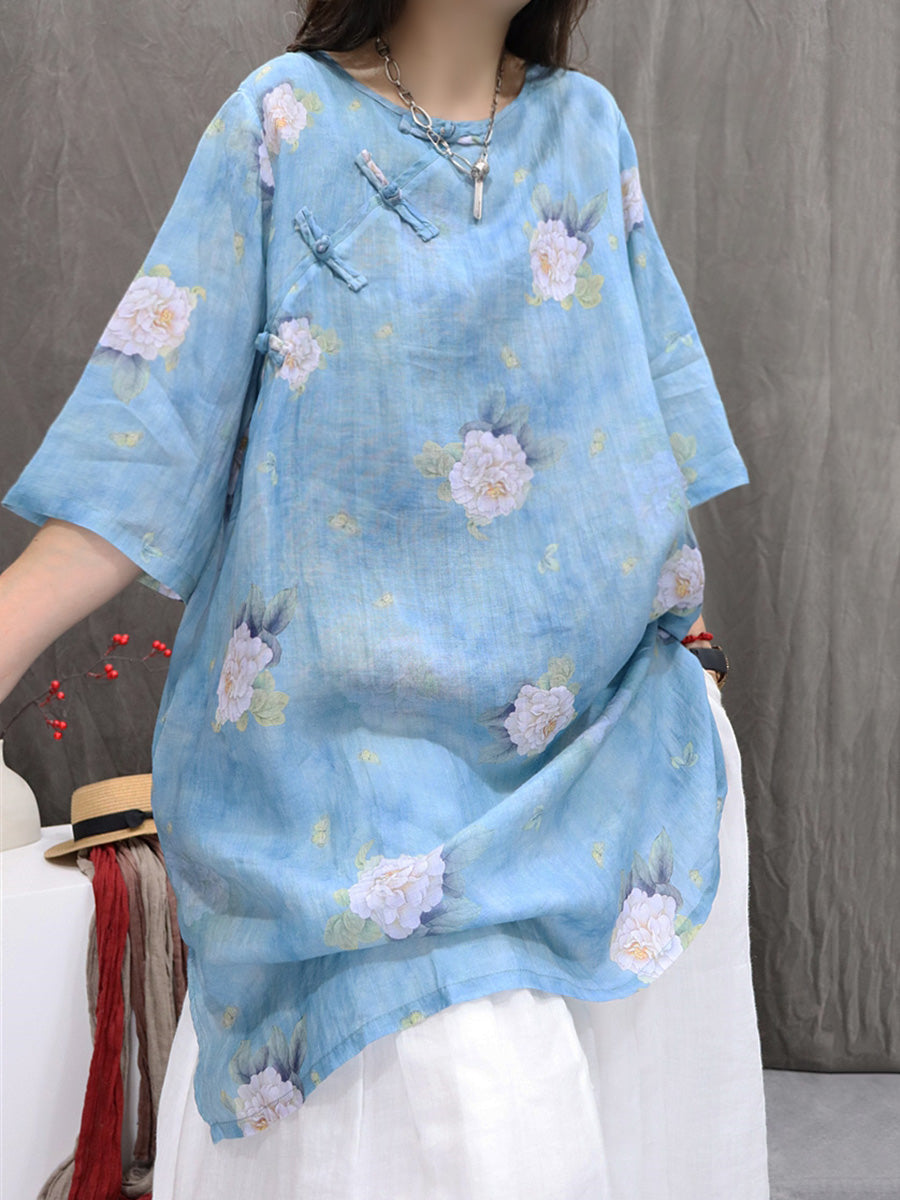 Women Summer Retro Flower O-Neck 100%Ramie Shirt