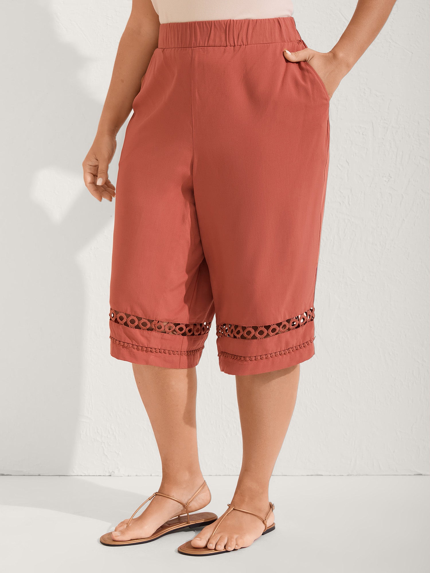 Lace Trim Plain Straight-Leg Pants