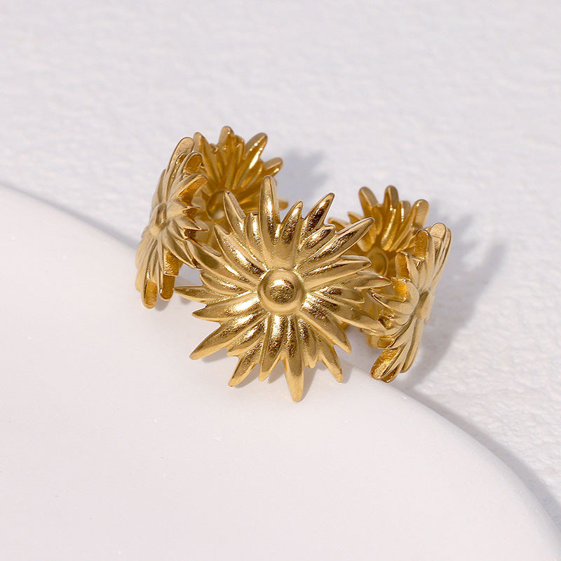 Small Design Flower Ring Simple Cold Style Metallic Stainless Steel Ring Adjustable