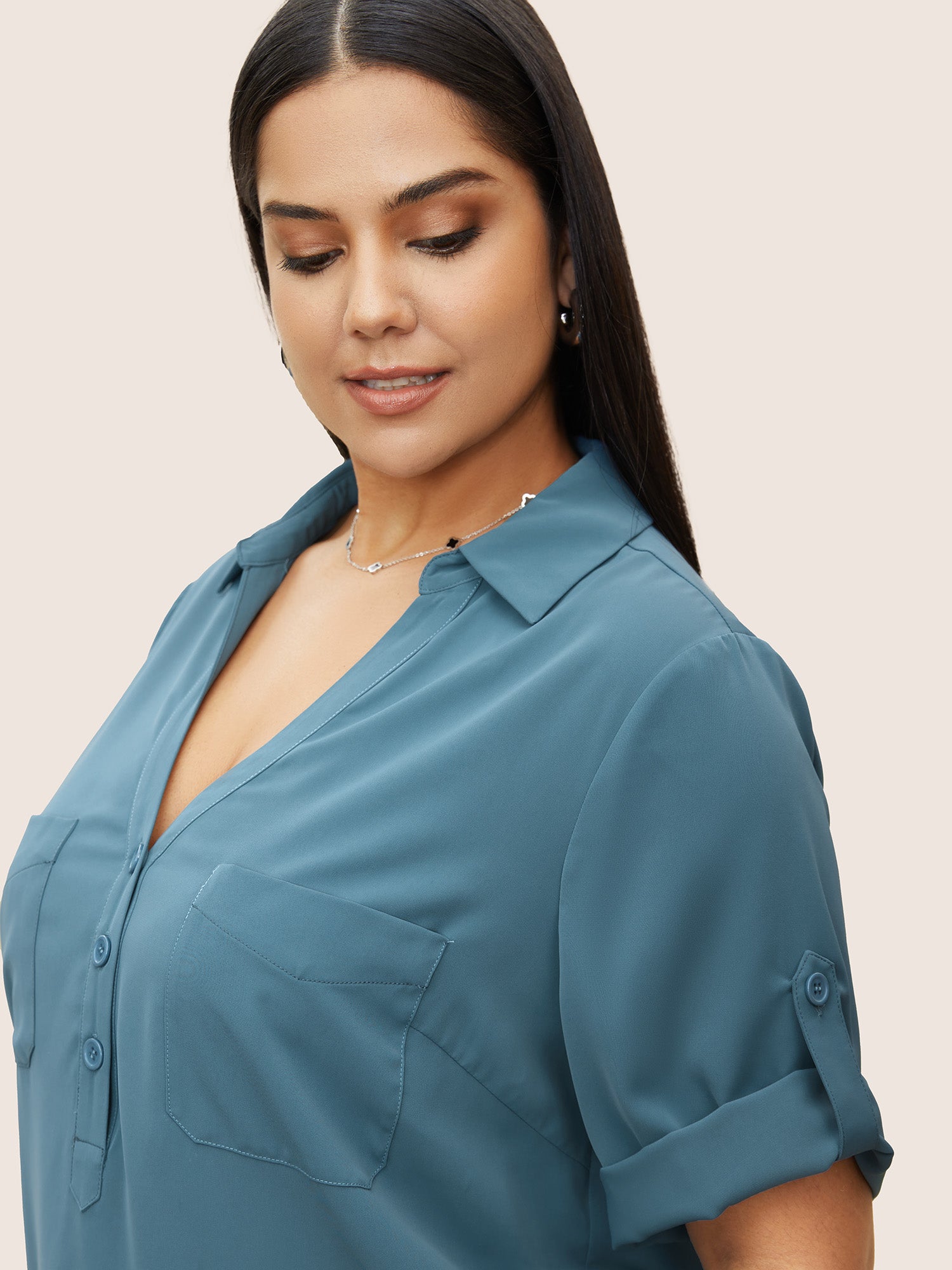 Anti-Wrinkle Shirt Collar Patched Pocket Tab Sleeve Blouse