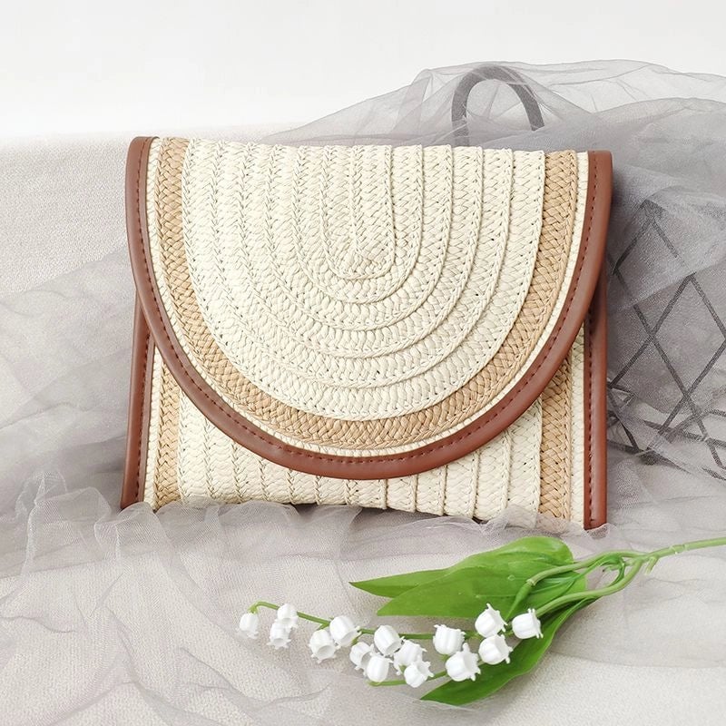 3 Pieces Beige Paper Multicolor Straw Square Clutches