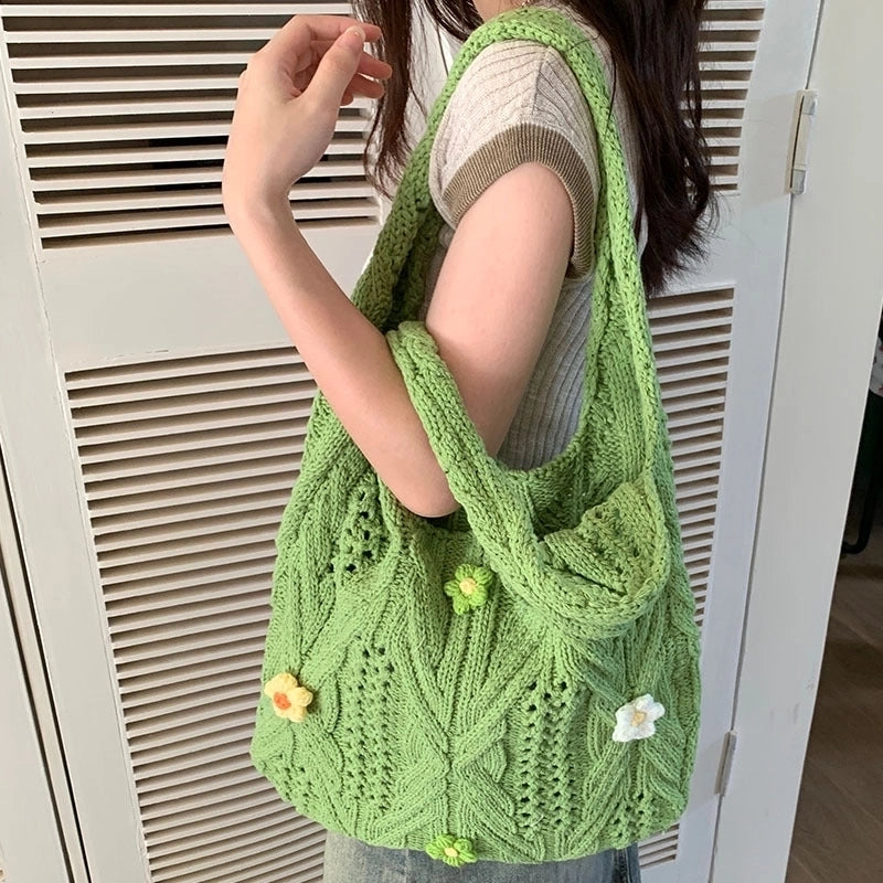 Women's Medium Knit Solid Color Flower Basic Vintage Style Weave Square Open Shoulder Bag