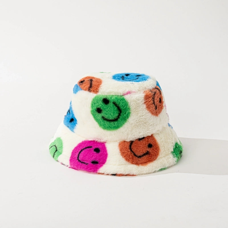 Women's Minimalist Smile Face Printing Flat Eaves Bucket Hat