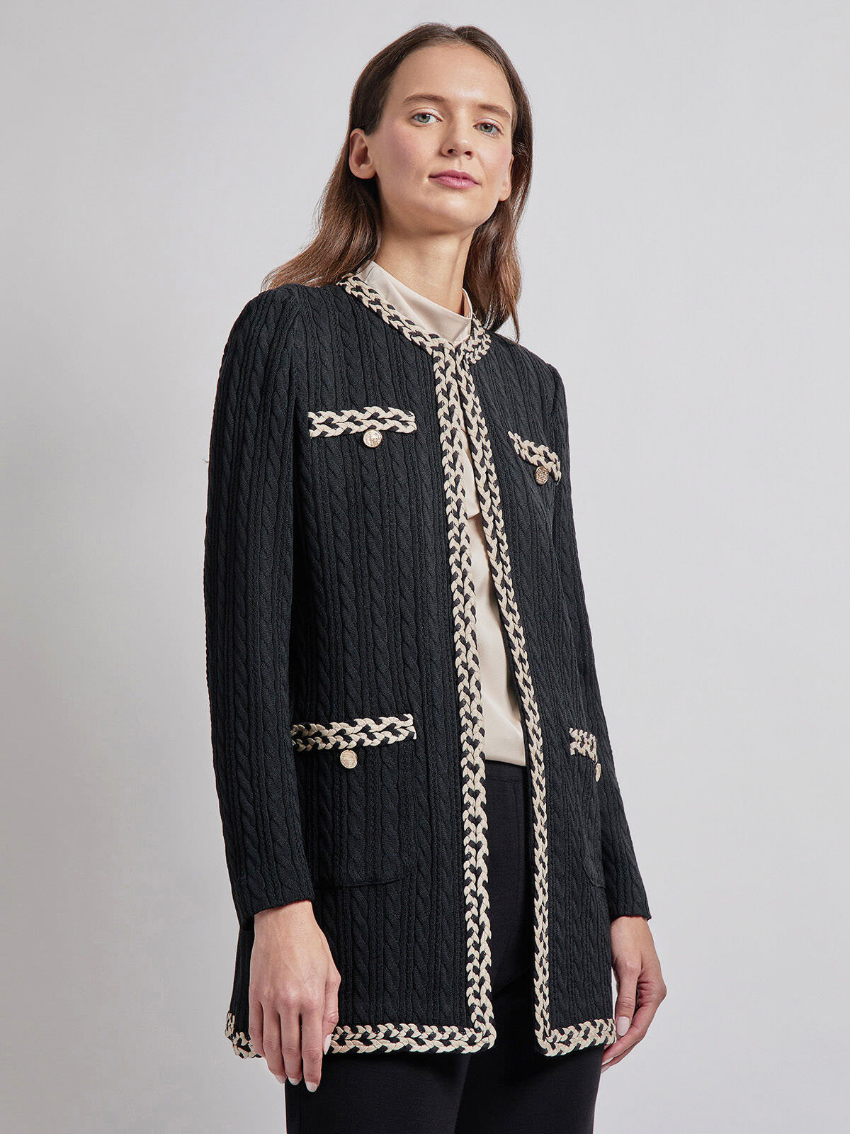 Jewel Neck Contrast Trim Cable Knit Jacket
