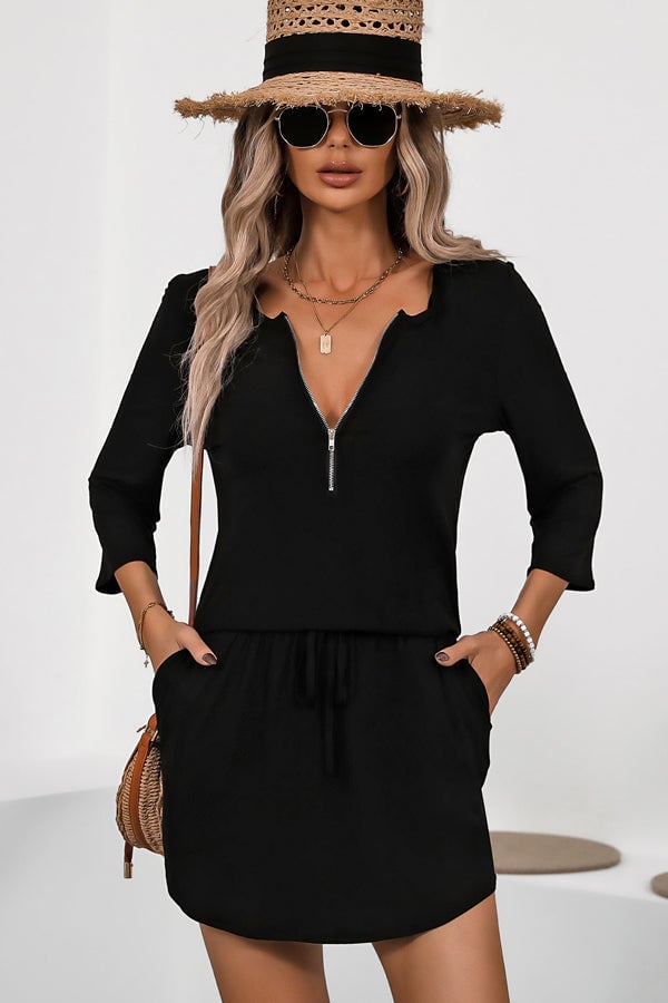 Fashion Zipper Drawstring Casual Dress