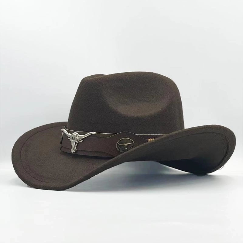 Top Hat Ethnic Style Cow Label Western Cowboy Top Hat Roll-brim Retro Riding Hat Woolen Felt Hat