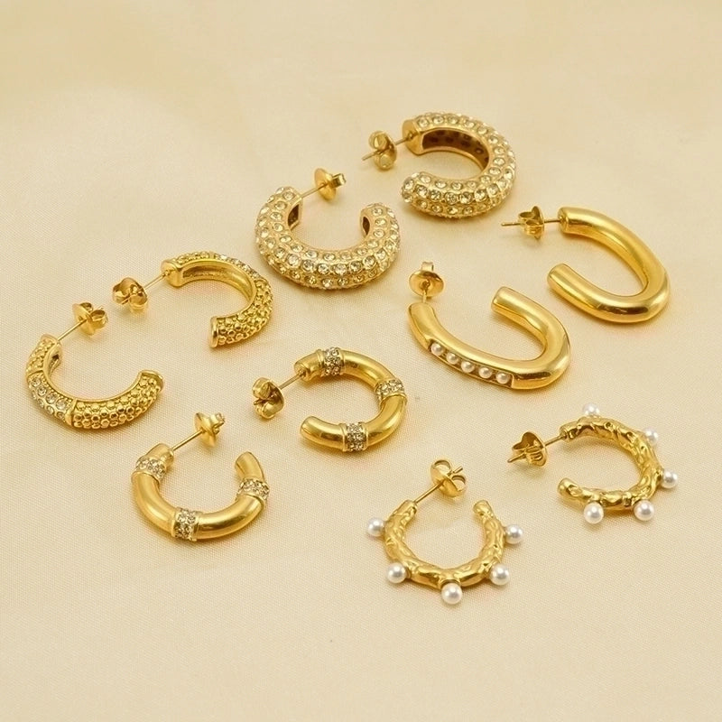 1 Pair Elegant Glam Shiny C Shape Plating Inlay Stainless Steel Pearl Zircon 18K Gold Plated Ear Studs