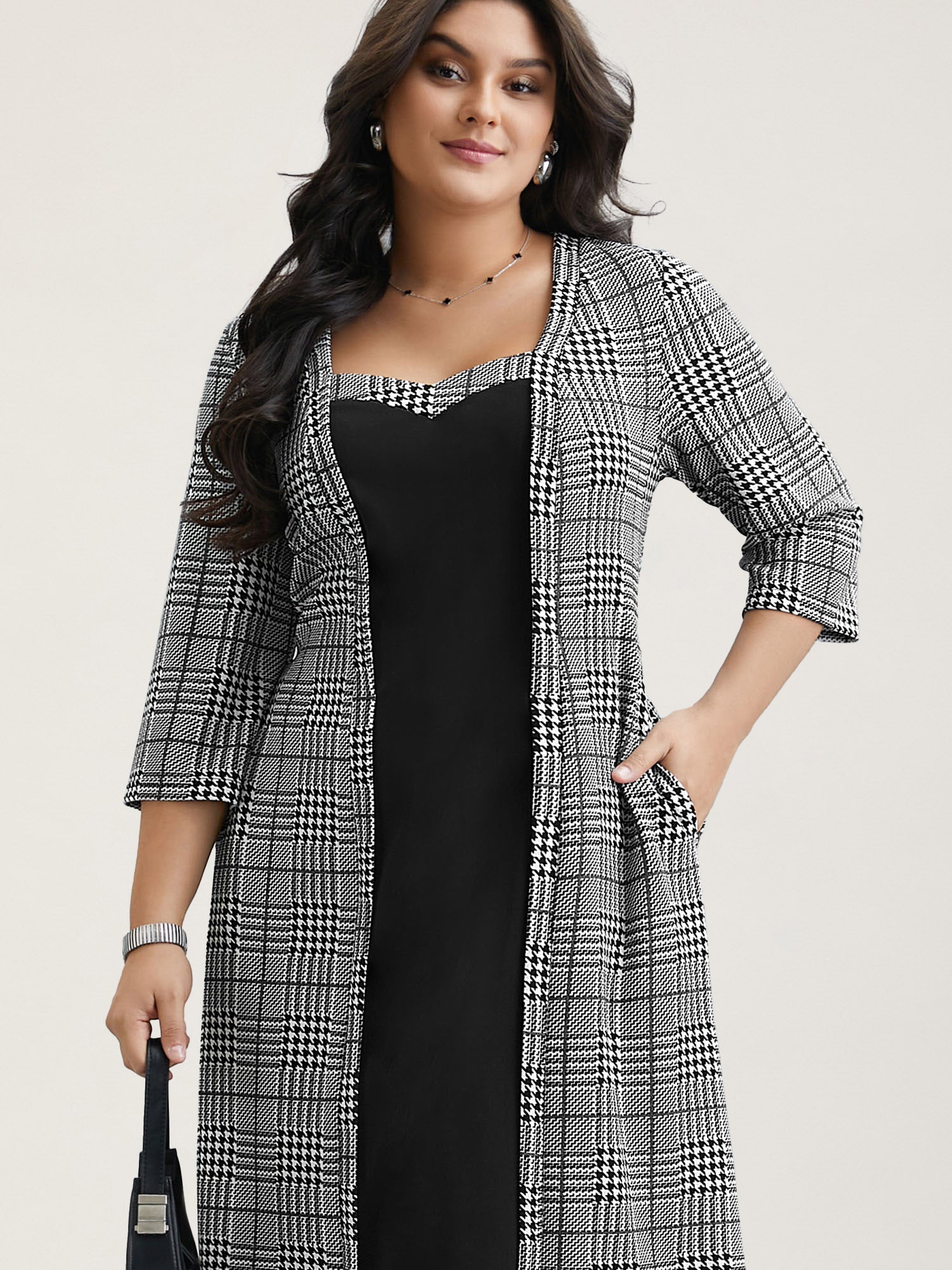 Houndstooth Print Waist-Cinched Patchwork Midi Dress