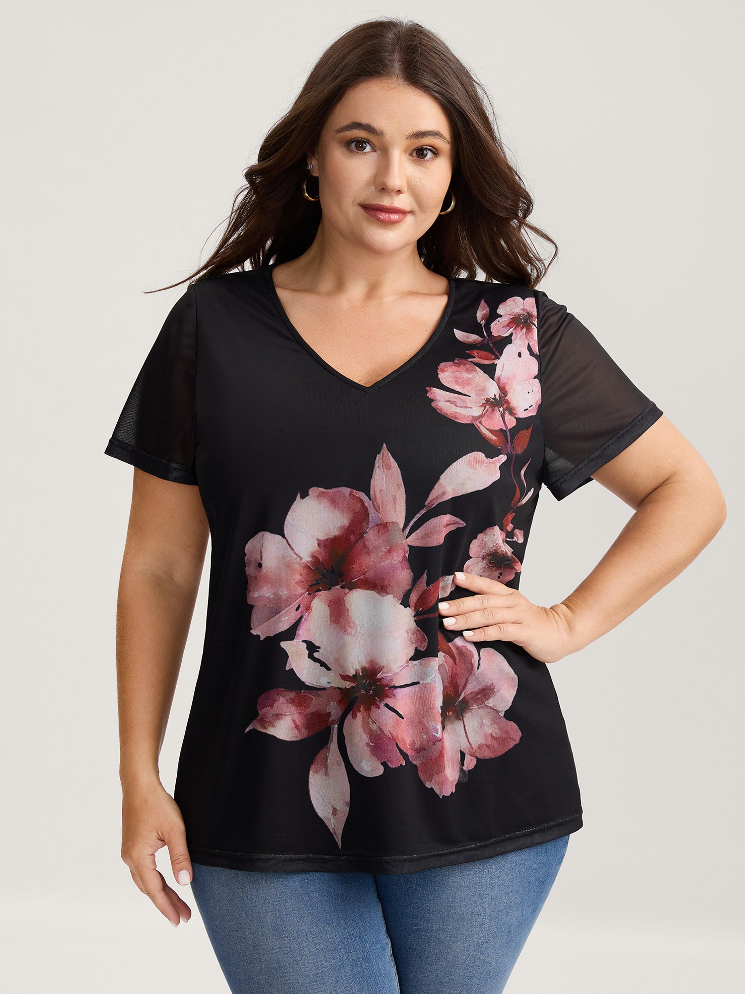 Romantic Floral Motif Sheer Knit T-Shirt