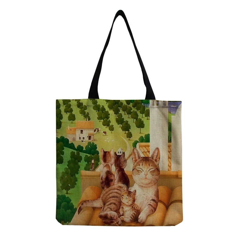 Women's All Seasons Linen Cat Minimalist Square Open Canvas Bag
