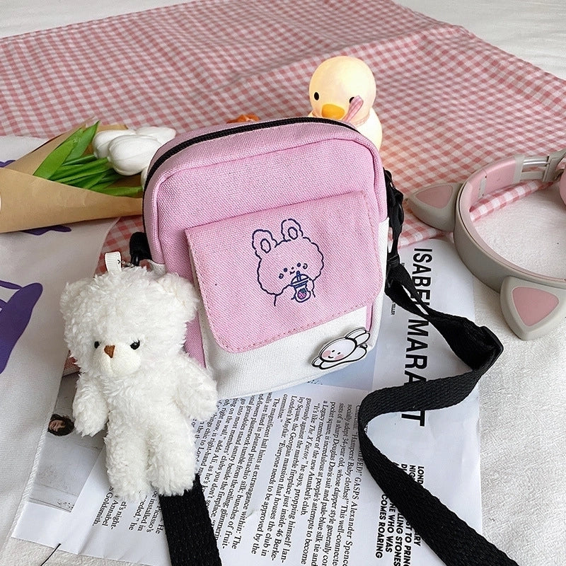 Women's Small Canvas Animal Color Block Basic Preppy Style Square Zipper Shoulder Bag Canvas Bag Crossbody Bag