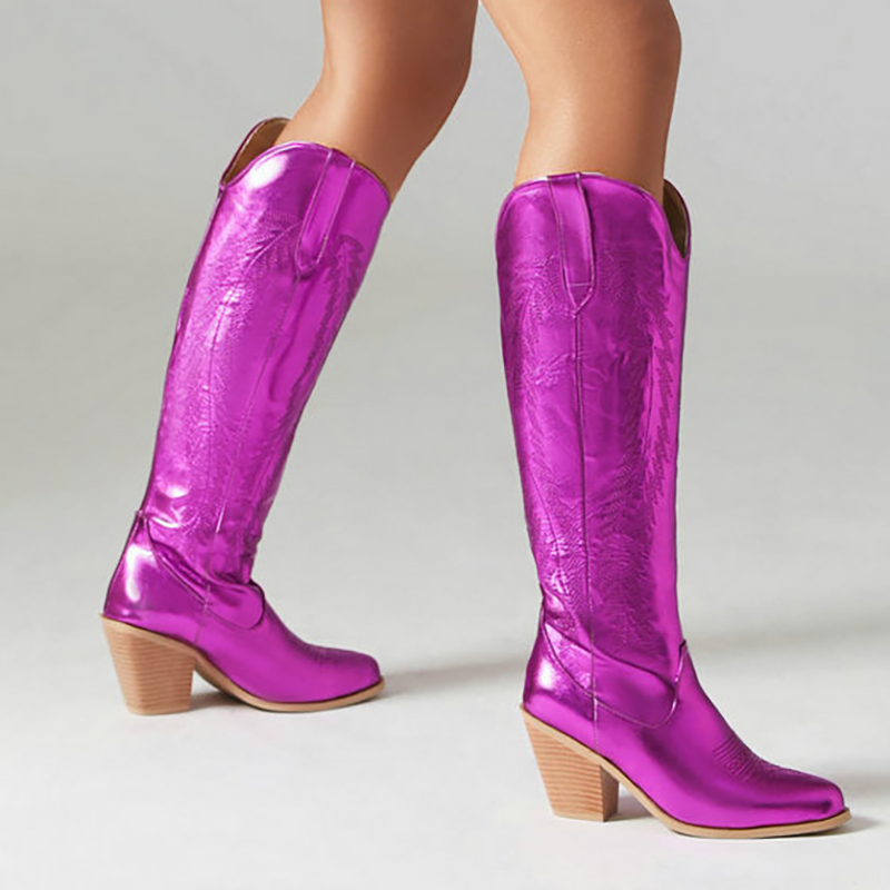Metallic Sheen Jacquard V Groove Chunky Heels Knee High Boots