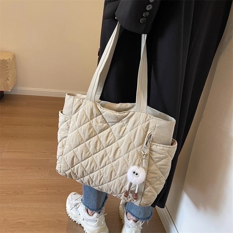 Women's Oxford Cloth Solid Color Elegant Vacation Sports Sewing Thread Square Zipper Shoulder Bag Bucket Bag