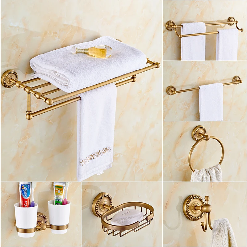 Simple Style Bobao Antique Brass Hotel Bathroom Accessories Set White Ceramic Soap Holder