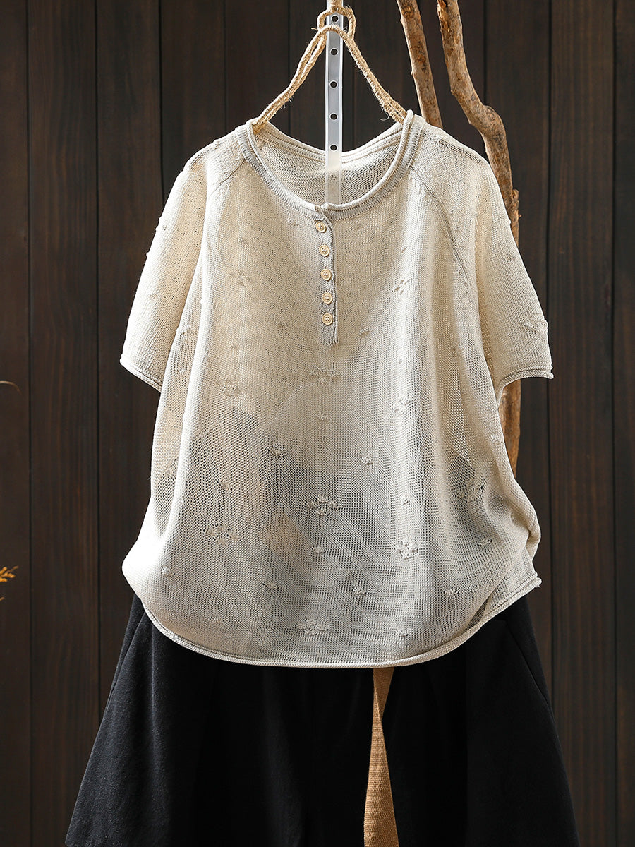 Women Summer Casual Jacquard Knitted O-Neck Shirt