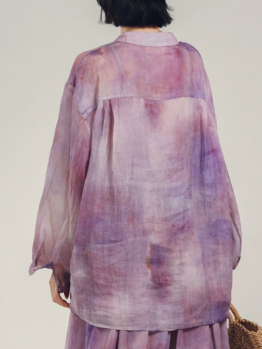 Women Summer Artsy Tie-dye Turn-down Collar 100%Ramie Shirt