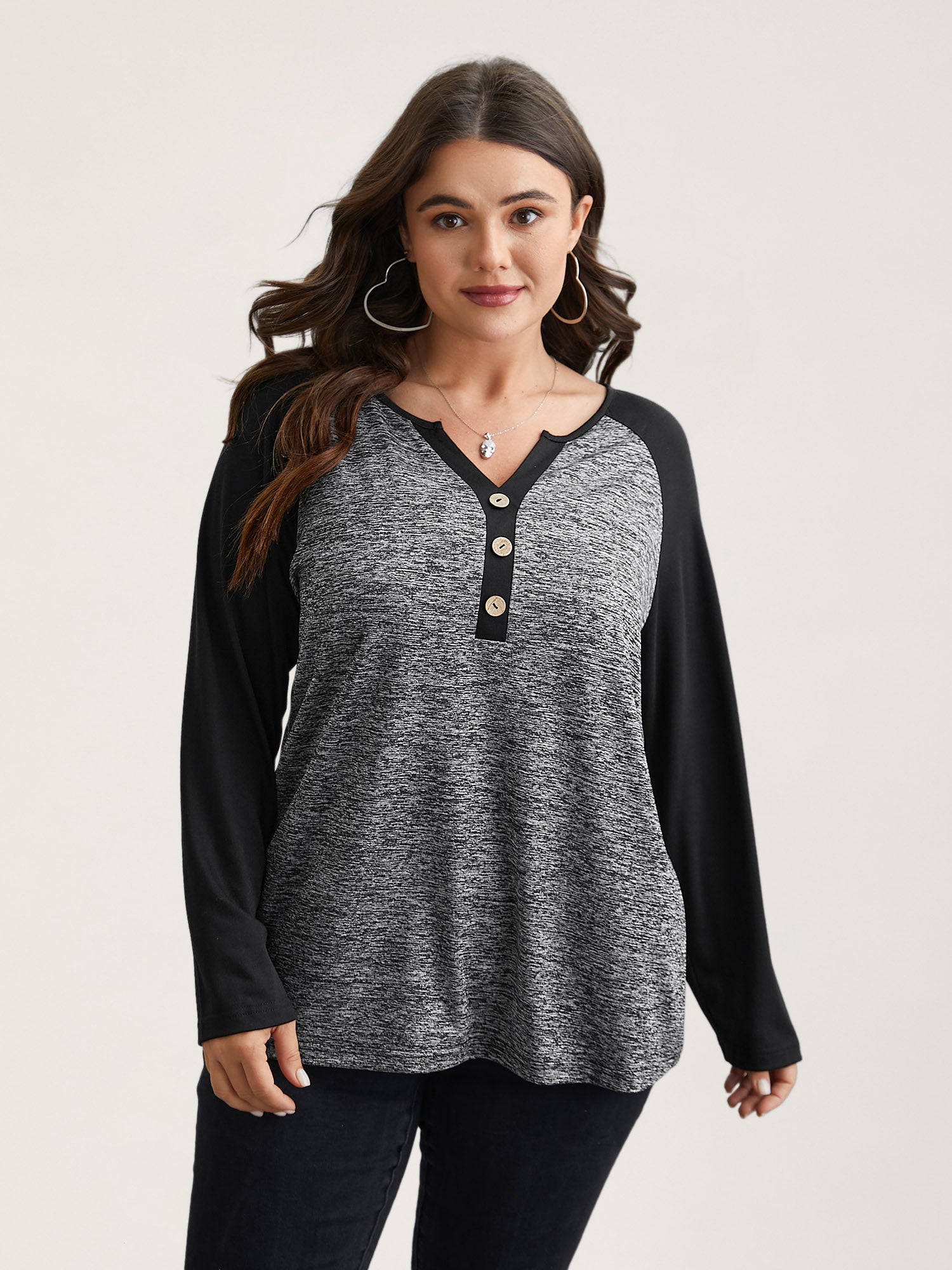 Heather Patchwork Button Detail Stretchy T-Shirt