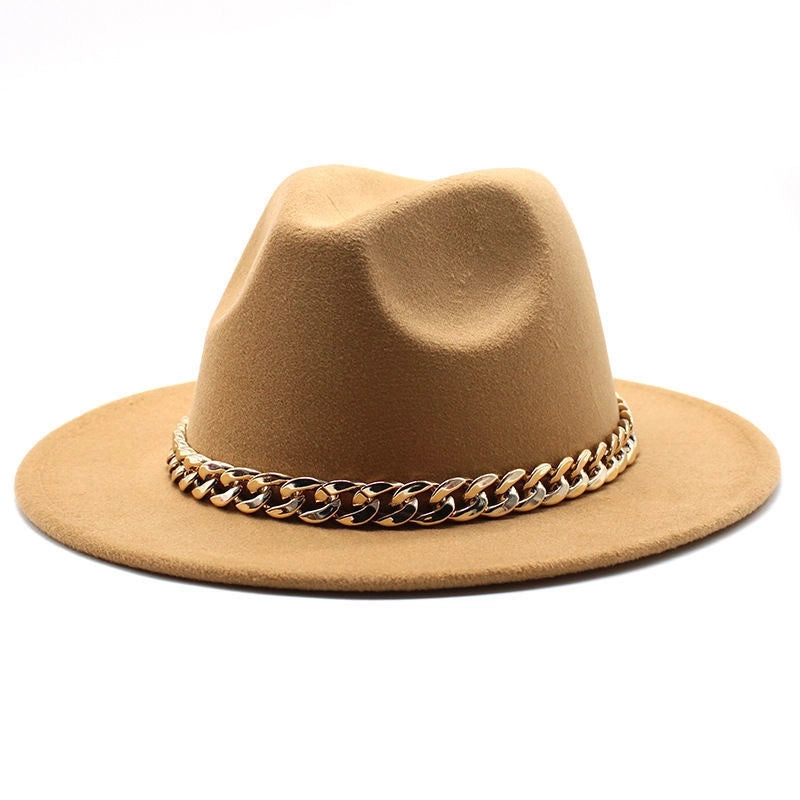 Chain Accessories Panama Hat Autumn And Winter  Jazz Woolen Hat Women's Fashion Big Brim Soft Felt Hat