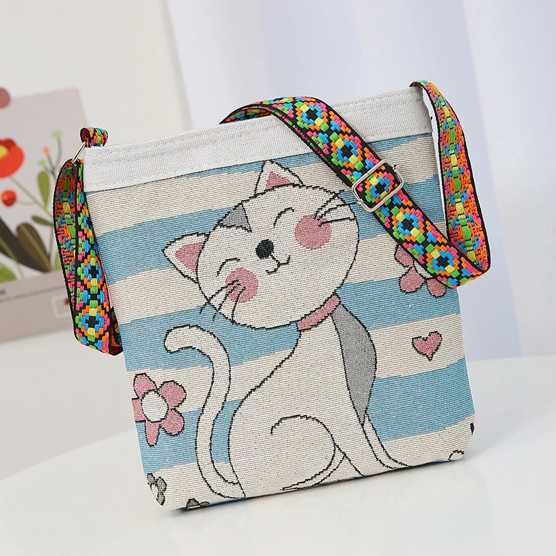 Women's Medium Cotton And Linen Animal Cute Zipper Shoulder Bag