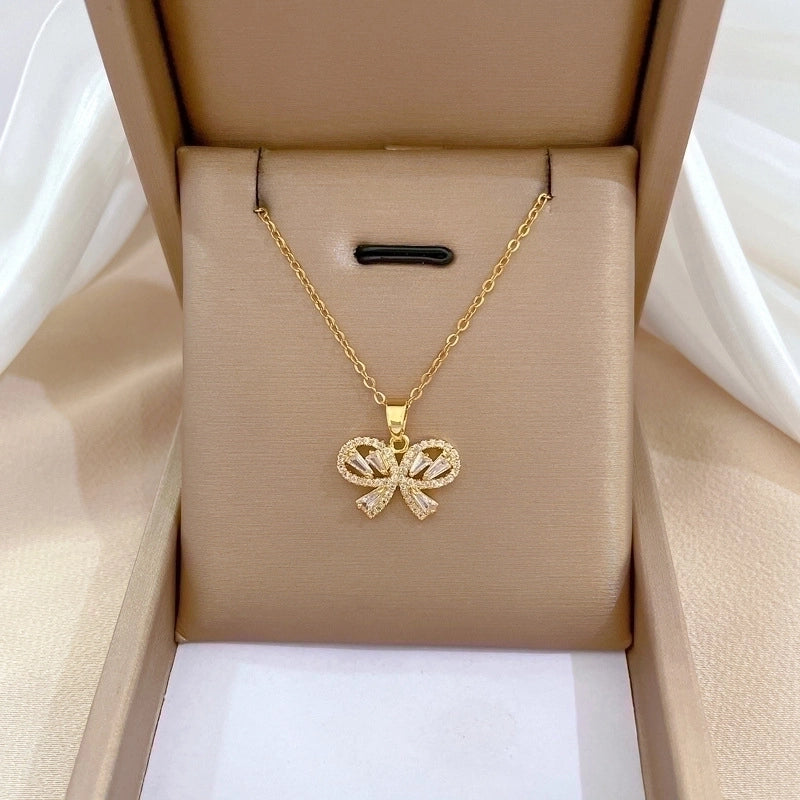 Minimalist Butterfly Titanium Steel Copper Plating Inlay Zircon Pendant Necklace