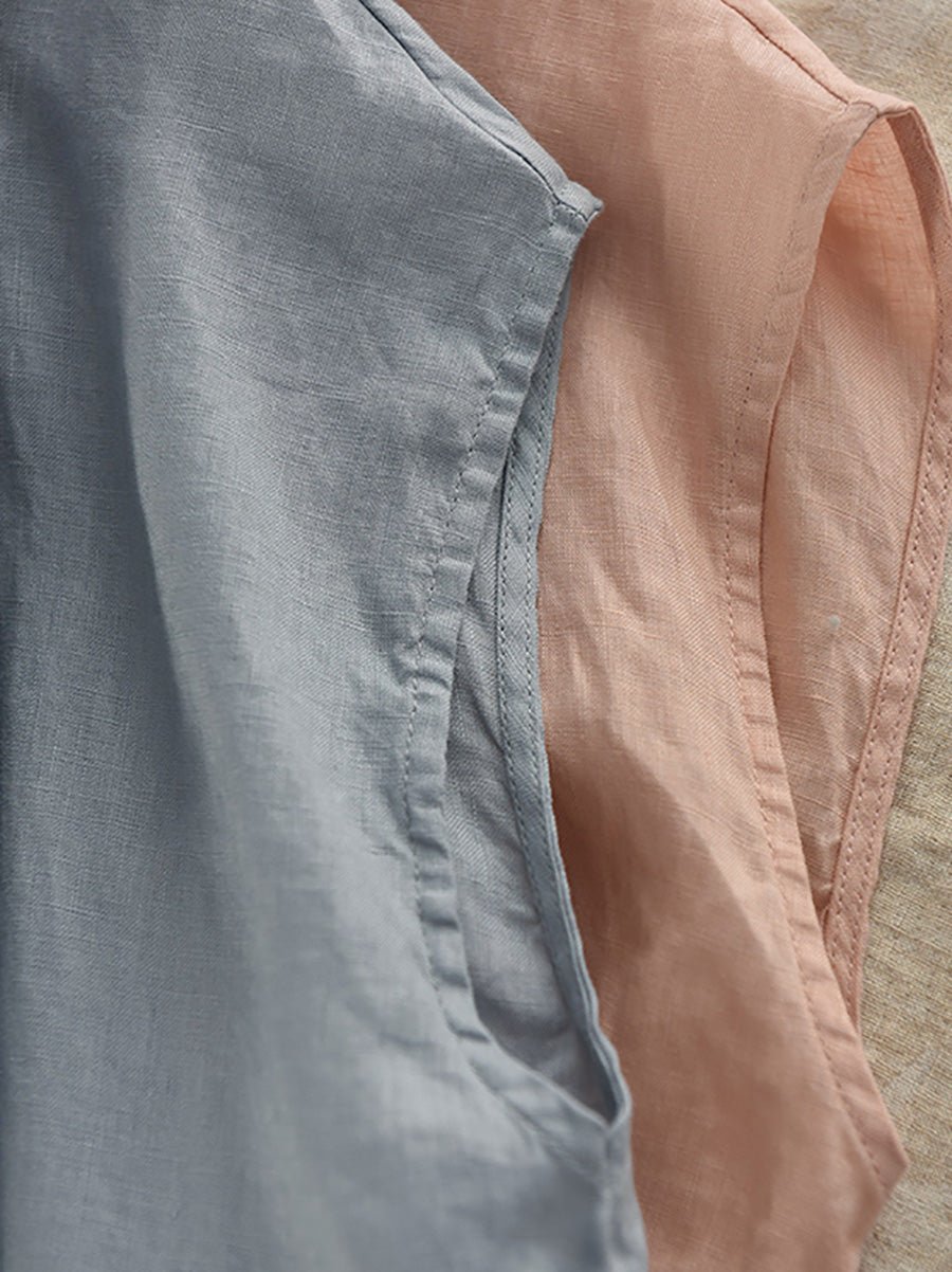 Women Summer Vintage Pure Color O-neck 100%Linen Shirt