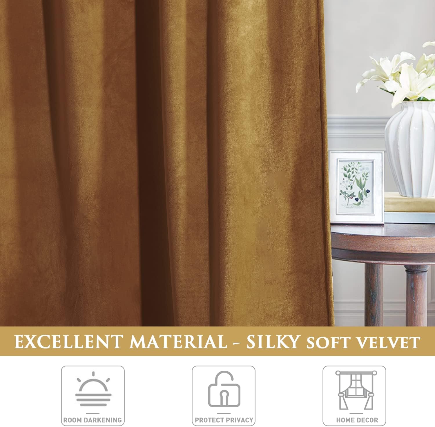 Gold Brown-Velvet Window Curtains (Ultra Soft)