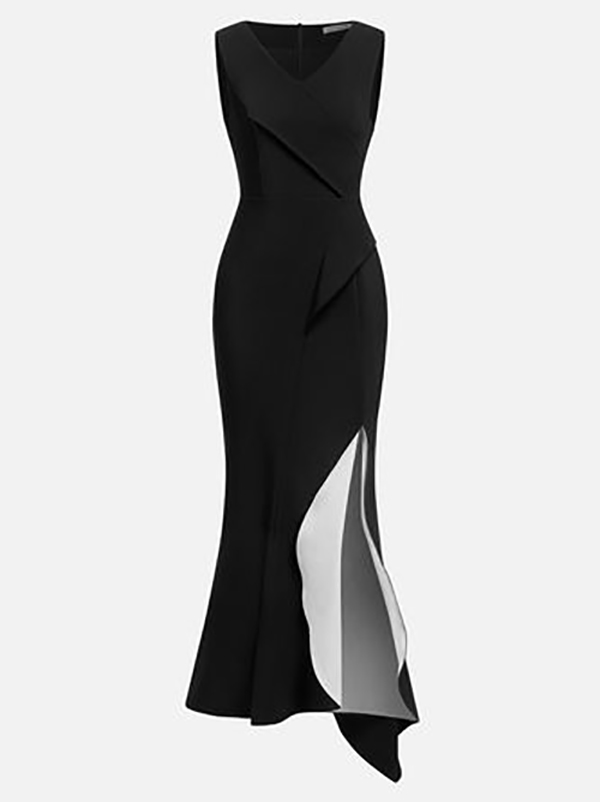 Bodycon Sleeveless Contrast Color Ruffle Trim Split-Joint V-Neck Maxi Dresses