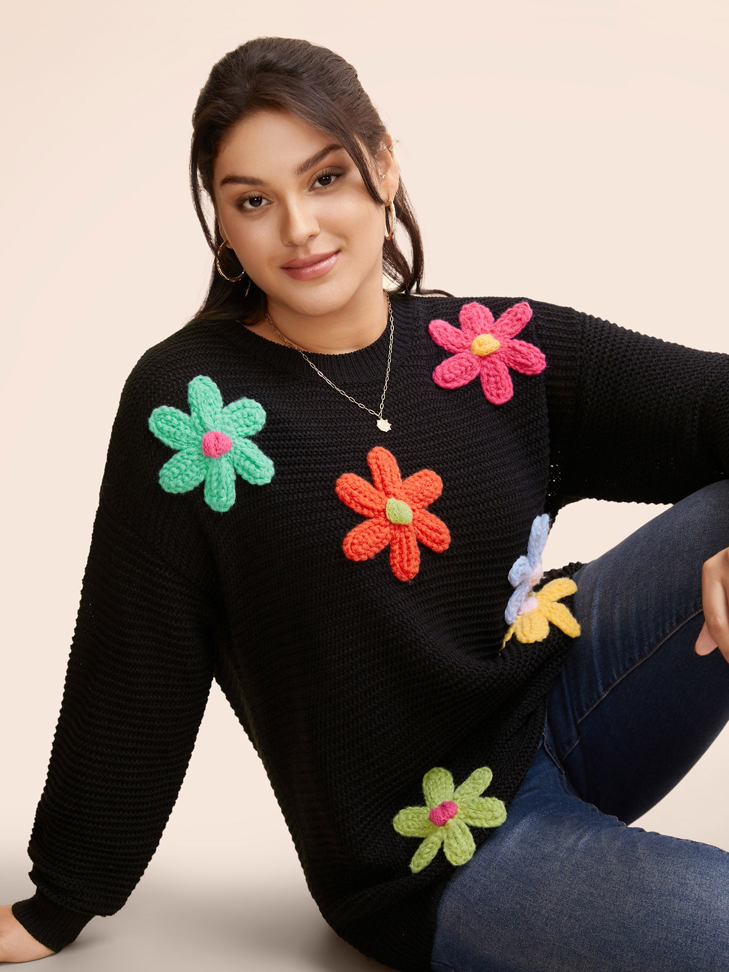 Colored Crochet Floral Drop Shoulder Sleeve Pullover