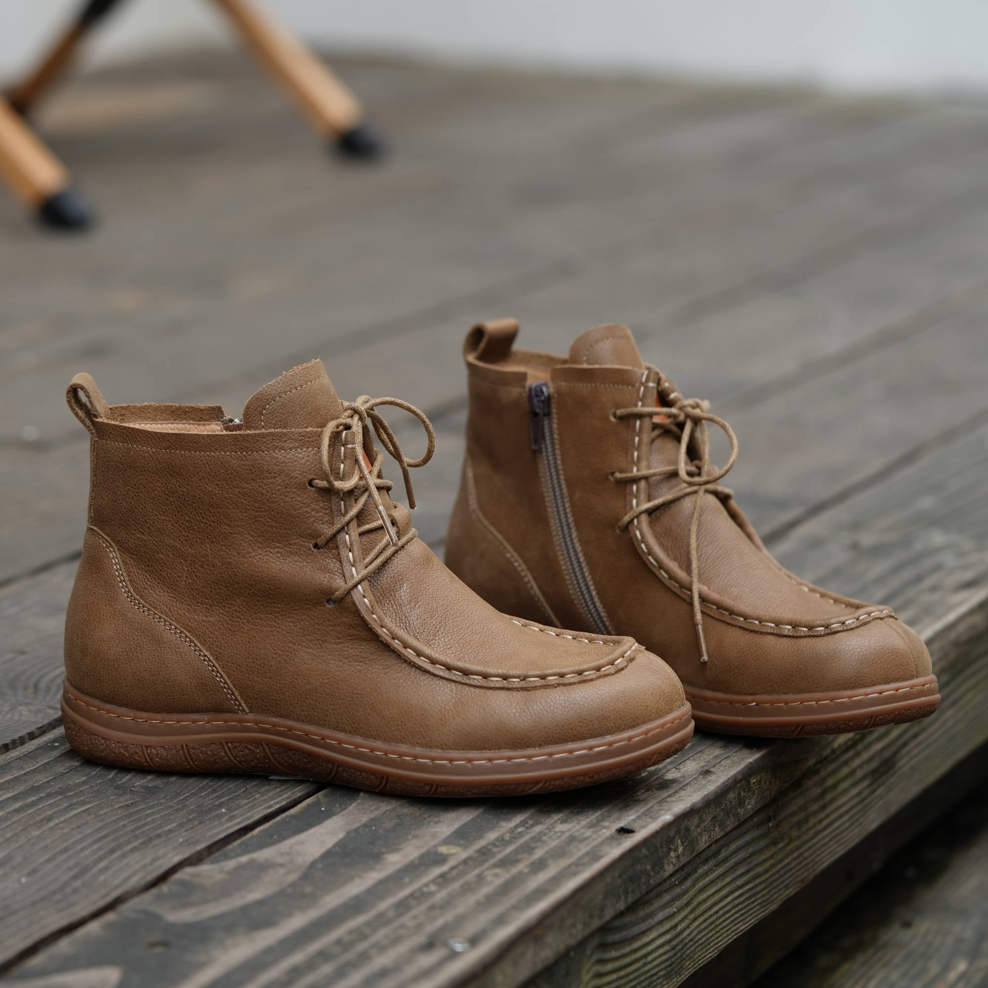 Retro Handmade Genuine Leather Martin Boots Lace-Up Ankle Boots In Black/Khaki