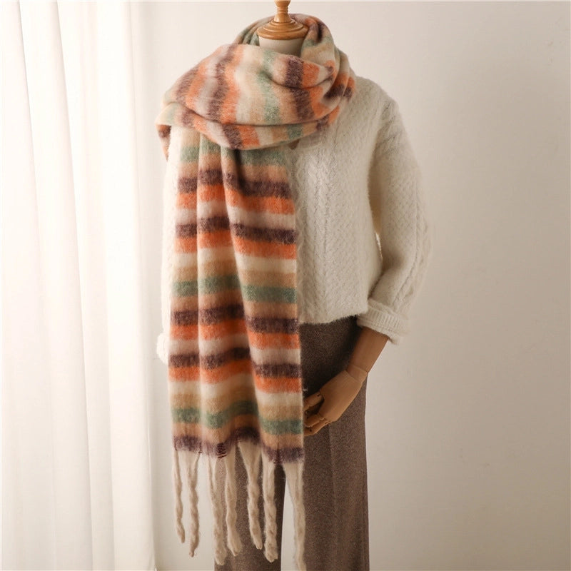Thick Silk Striped Scarf Cashmere-like Winter New Warm Long Fringe Bib Scarf Men's And Women's Scarf Student Shawl