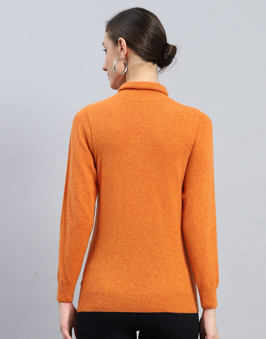 Women Orange Solid Turtle Neck Full Sleeve Winter Top