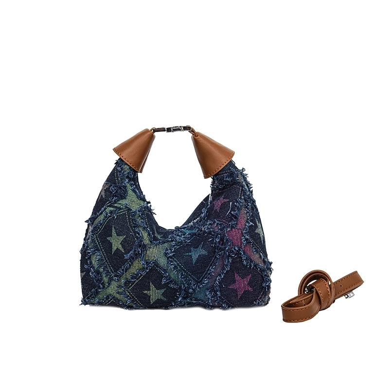 Women's Denim Star Vintage Style Dumpling Shape Zipper Shoulder Bag Handbag Crossbody Bag