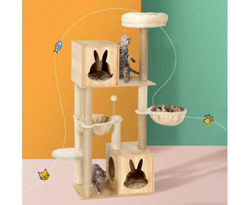 141cm Cat Scratching Post Wood Bed Condo - Beige