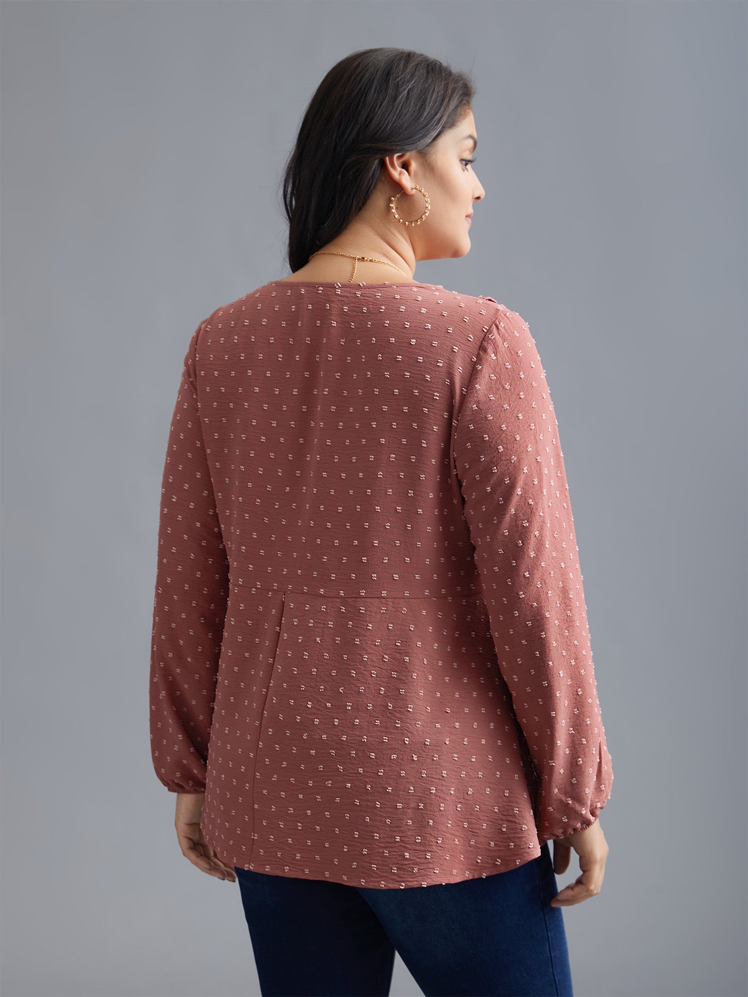 V Neck Ruffle Trim Elastic Cuffs Blouse