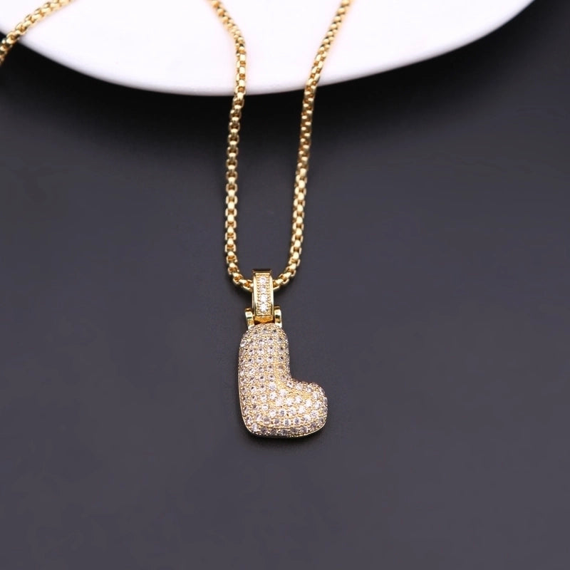 Copper Minimalist Shiny Plating Hollow Out Inlay Letter Zircon Pendant Necklace