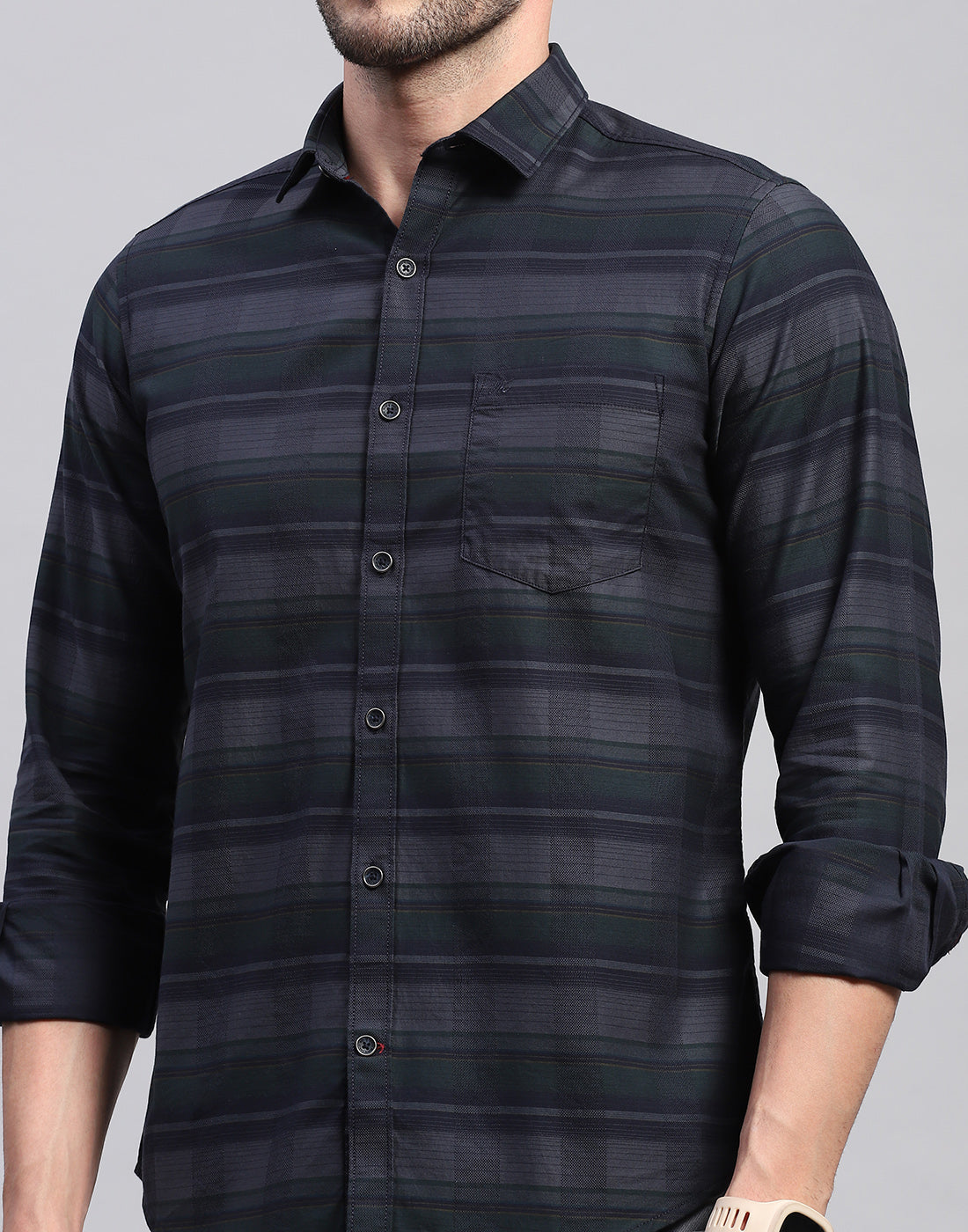 Men Grey Check Collar Neck Full Sleeve Shirt