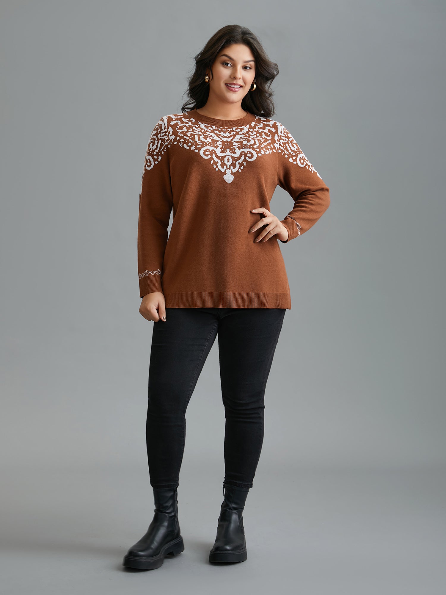 Bandana Jacquard Pattern Round Neck Pullover