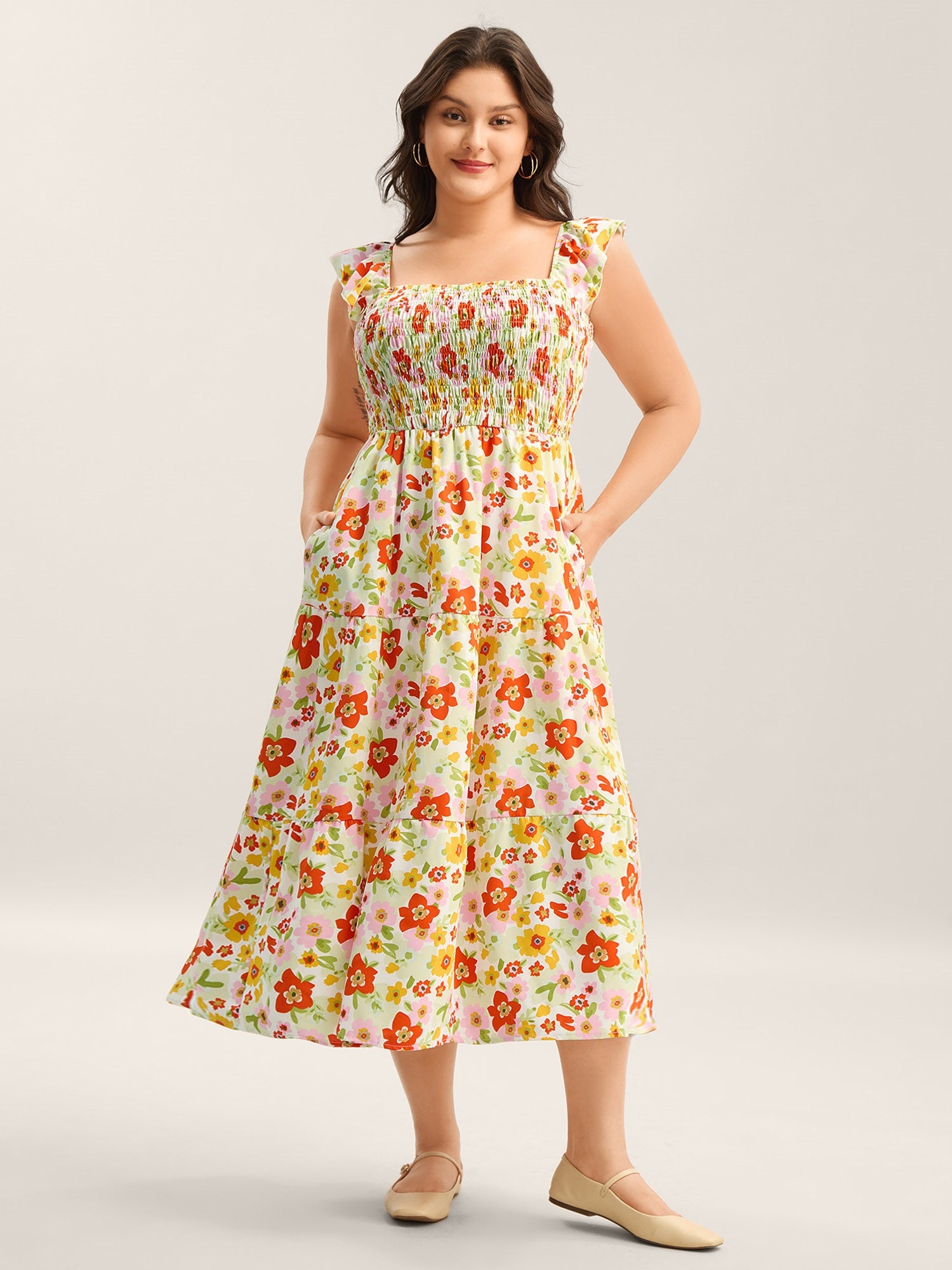 Floral Garden Stretchy Waist Shirred Midi Dress