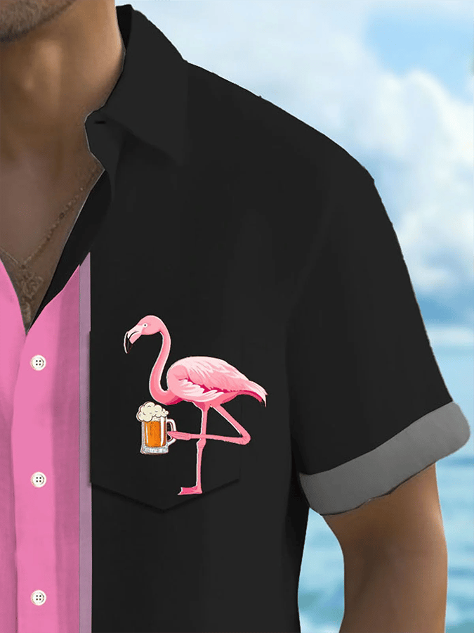 Men's Vintage Flamingo Beer Print Pocket Shirt