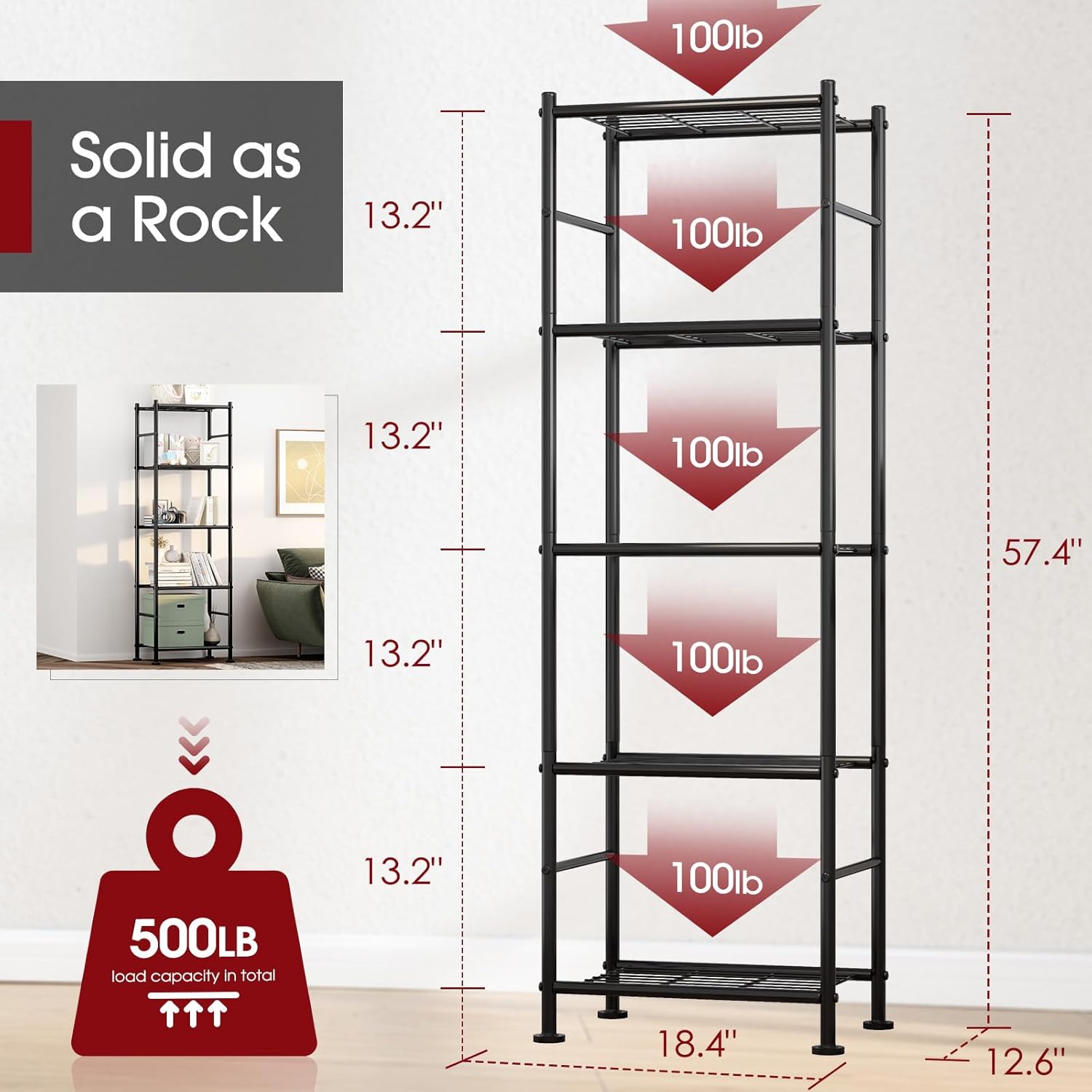 Storage Shelves - 5 Tier Shelf Organizer, Heavy Duty Garage Shelving Unit with Leveling Feet, Stable Metal Shelves Organizer for Pantry, Kitchen and Closet, 33.0